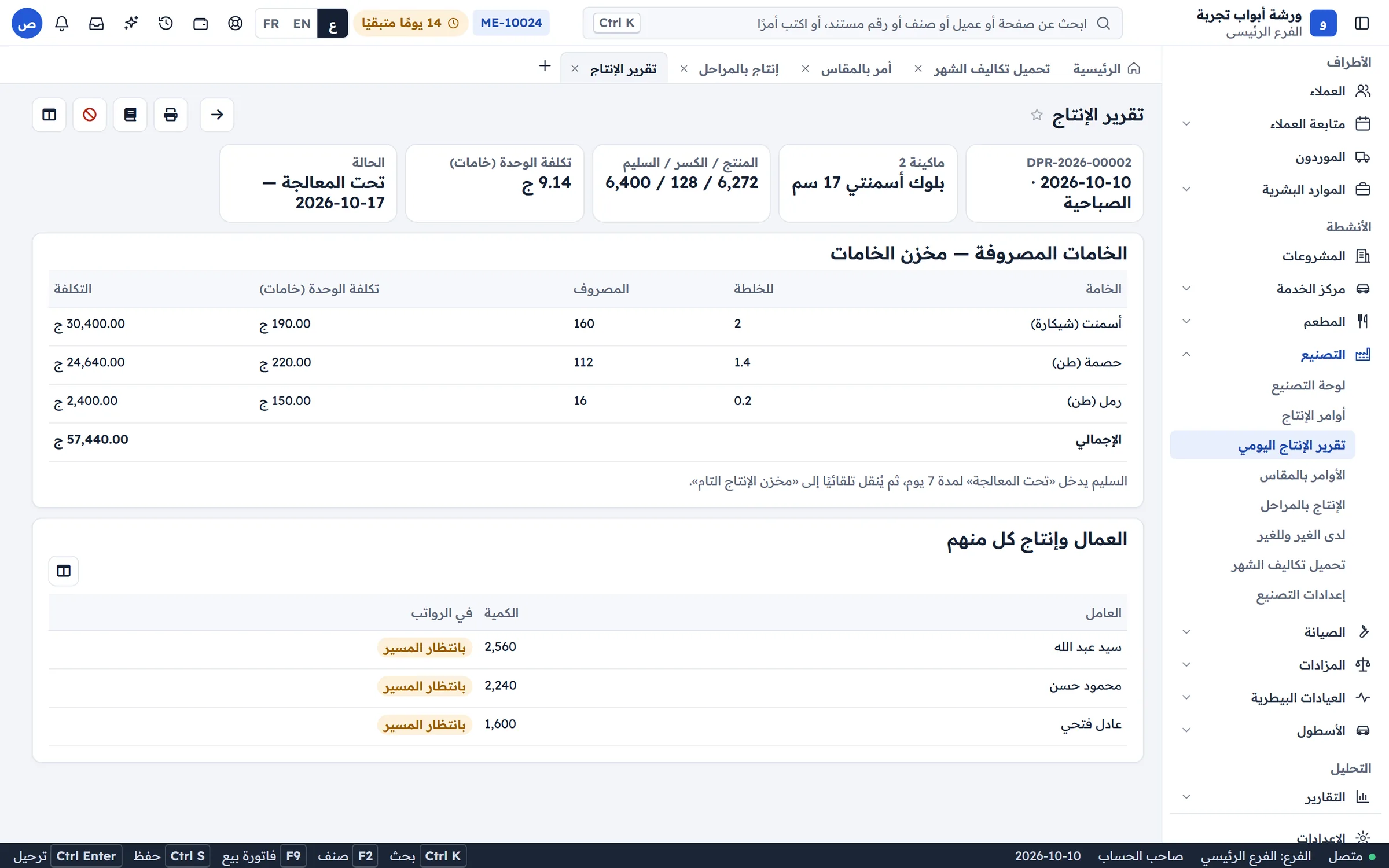 تقرير الإنتاج اليومي