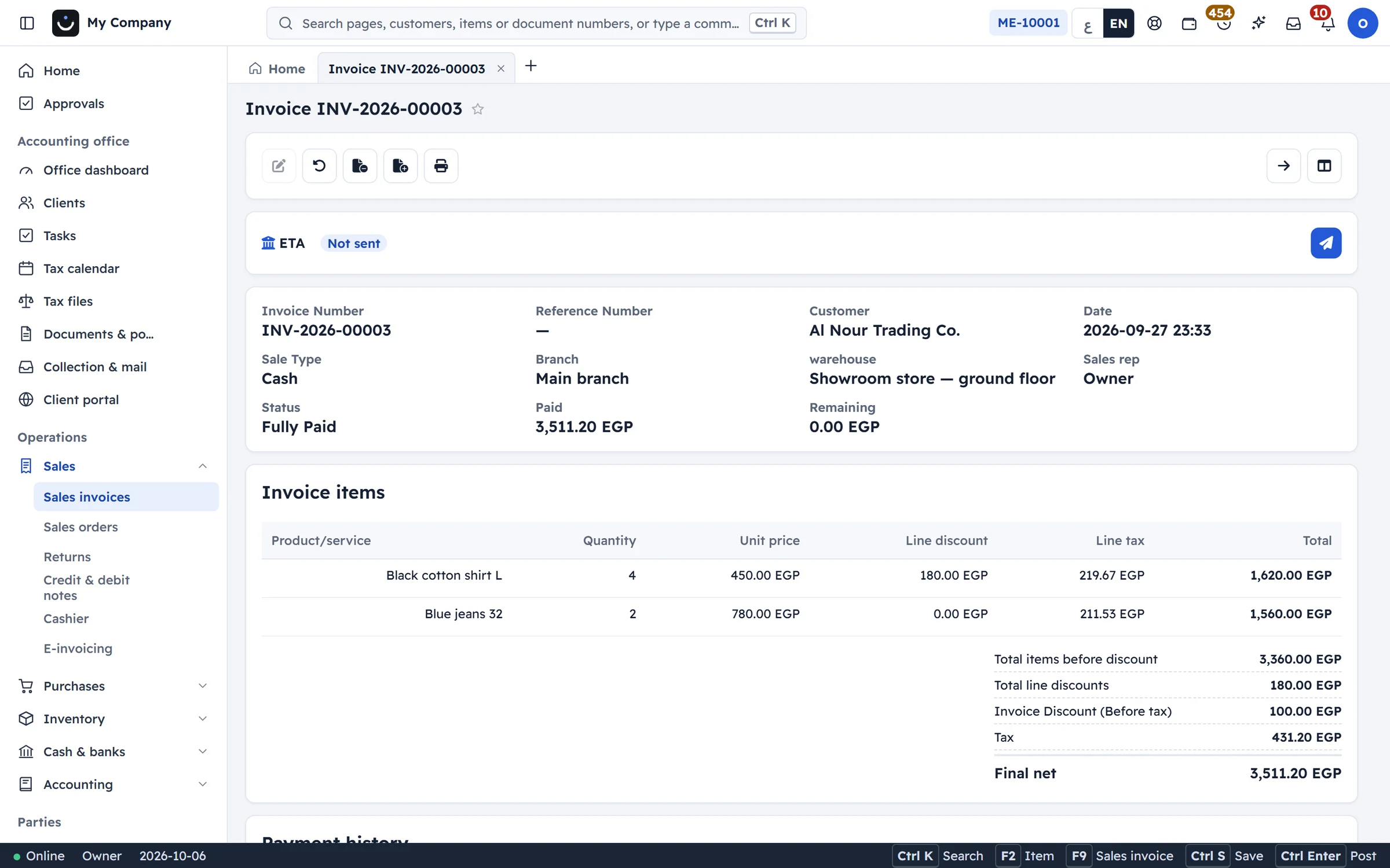 The sales invoice is issued